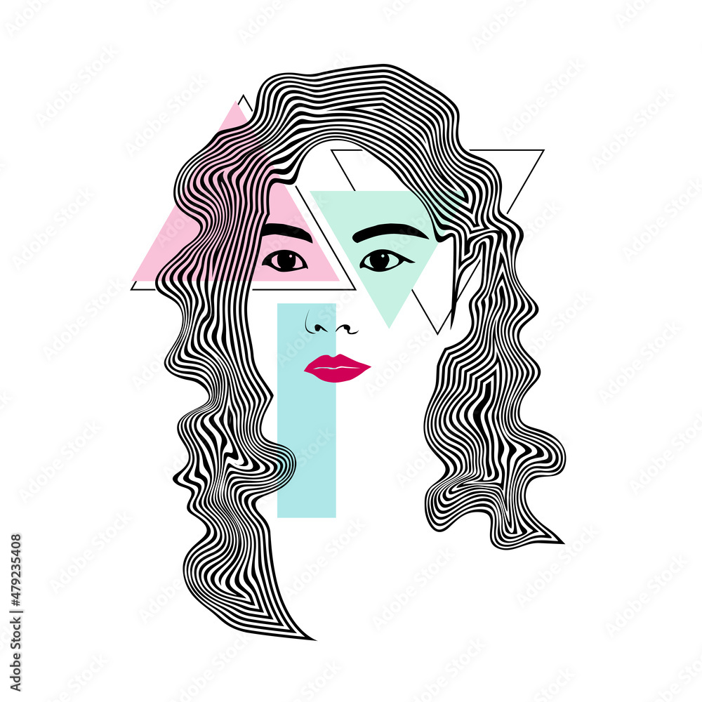 Vector art of female face with long hair abstract wavy lines. Vector ...