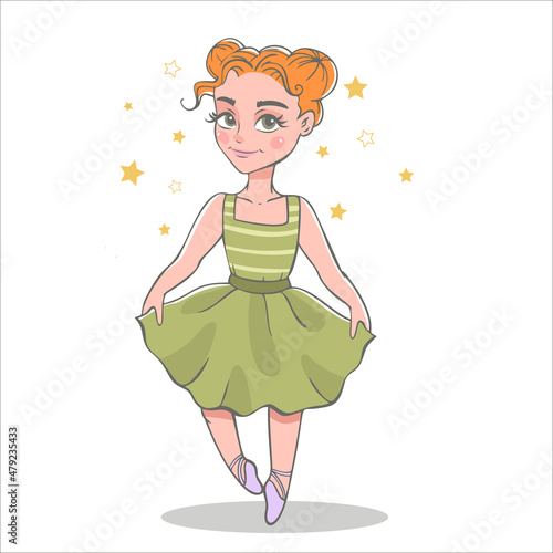 Hand drawn vector  illustration of cute  little ballerina girl.  Pretty cartoon ballet character.
