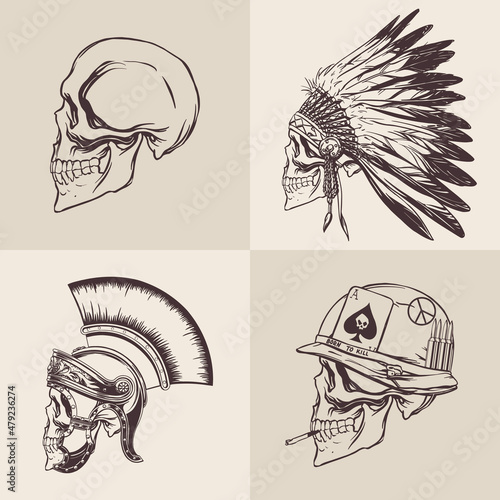 Set of drawn skulls of a gladiator, a soldier of the Vietnam War, a tribal leader on a beige background for printing. Vector illustration.