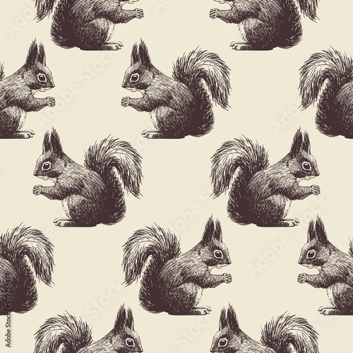 Hand-drawn pattern squirrels on a beige background for printing on paper  textiles and decoration. Vector illustration.