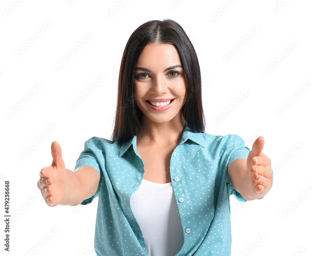 Young woman opening arms for hug isolated on white Young woman opening arms for hug isolated on white