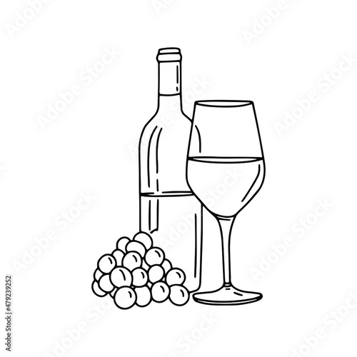 Wine bottle line simple illustration. Menu design. Outline doodle drawing. Draw icon. Vector 