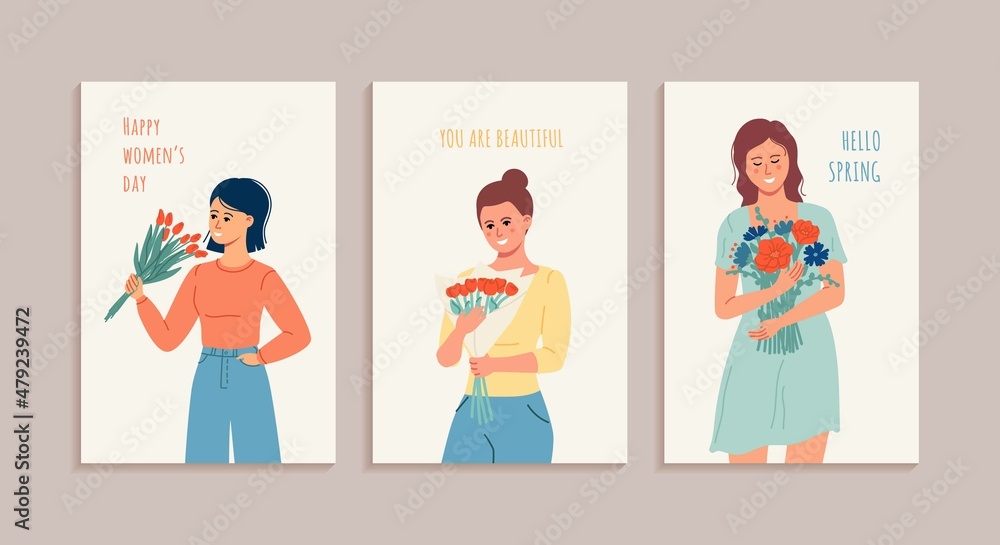 Happy Women's Day March 8! Cute cards and posters for the spring holiday. Vector illustration of cute happy women with bouquet of flowers Happy Women's Day March 8! Cute cards and posters for the spring holiday. Vector illustration of cute happy women with bouquet of flowers