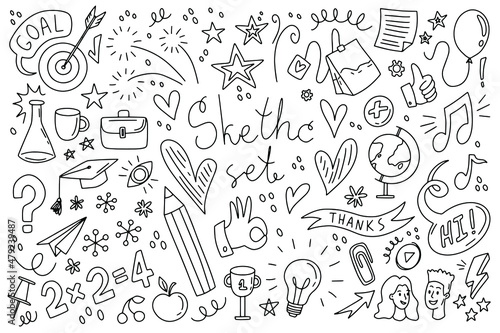 Outline blog elements doodle. Simple draw sketch set. School photo