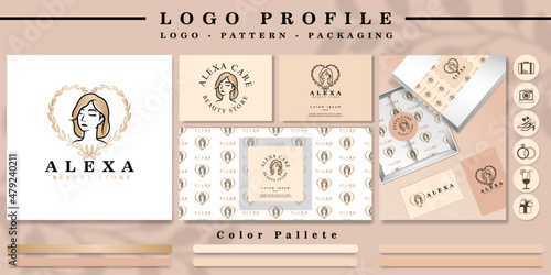 elegant woman head logo branding with pattern and icon set