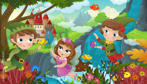 cartoon scene with nature forest cute elf near waterfall and castle © honeyflavour