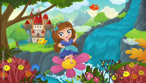 cartoon scene with nature forest cute elf near waterfall and castle