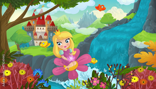 cartoon scene with nature forest cute elf near waterfall and castle