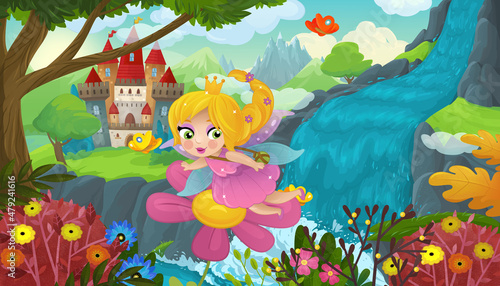 cartoon scene with nature forest cute elf near waterfall and castle