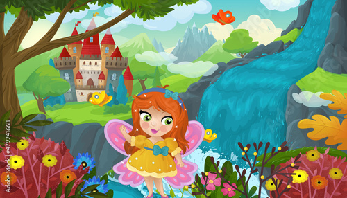 Fototapeta Naklejka Na Ścianę i Meble -  cartoon scene with nature forest cute elf near waterfall and castle