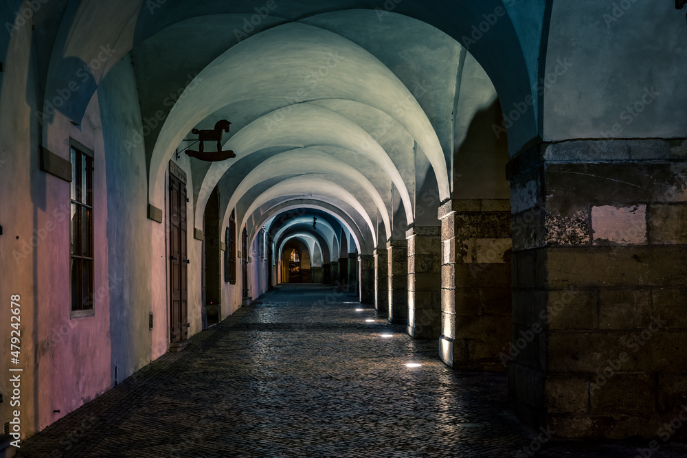 Arcade close to Prague castle at night