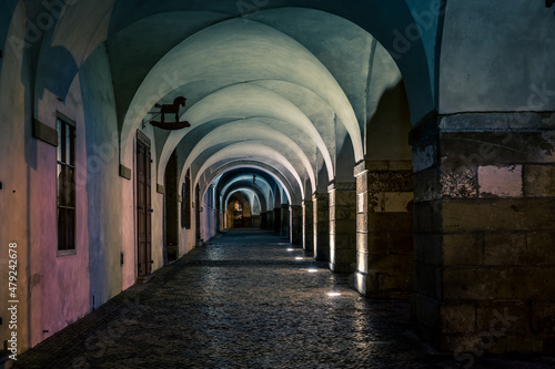 Arcade close to Prague castle at night