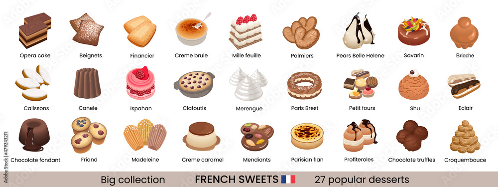 Big collection of traditional french desserts. Hand drawn colorful illustration.