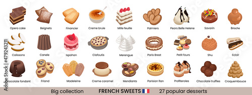 Big collection of traditional french desserts. Hand drawn colorful illustration.