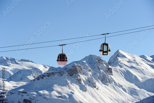 Vintage ski gondolas of Courchevel ski resort Rhône alps, France by winter 
