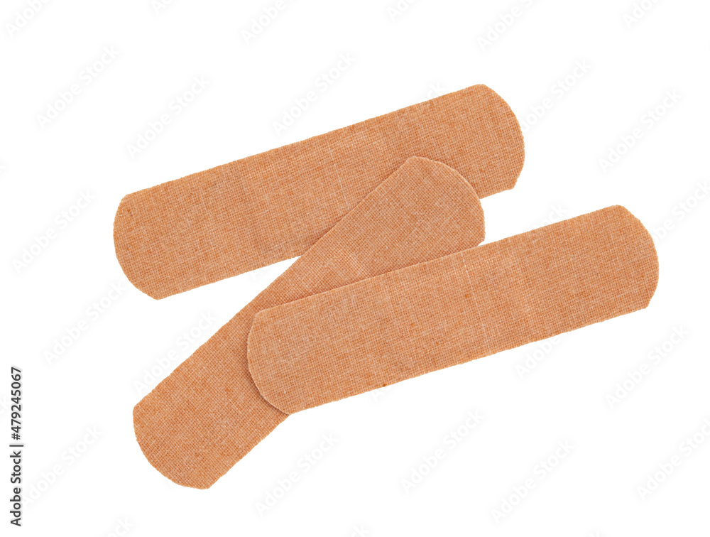 three adhesive plasters strip, medical sticking plasters isolated on white three adhesive plasters strip, medical sticking plasters isolated on white