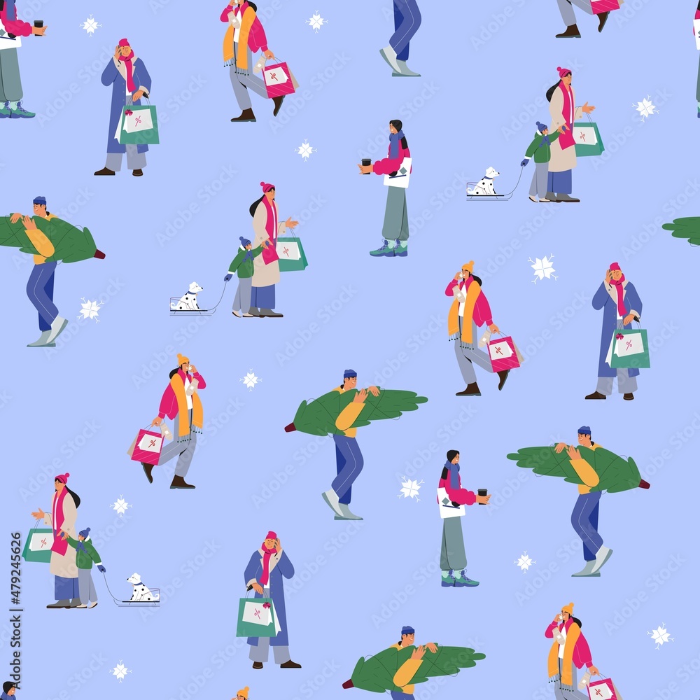 Seamless vector pattern of people enjoying winter and christmas time, wearing warm clothes, buying presents and tree.