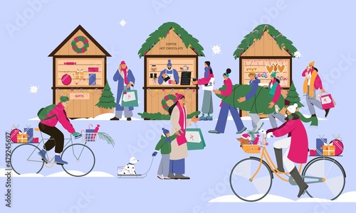 Christmas market, winter fair, people buying presents for christmas. Flat vector illustration