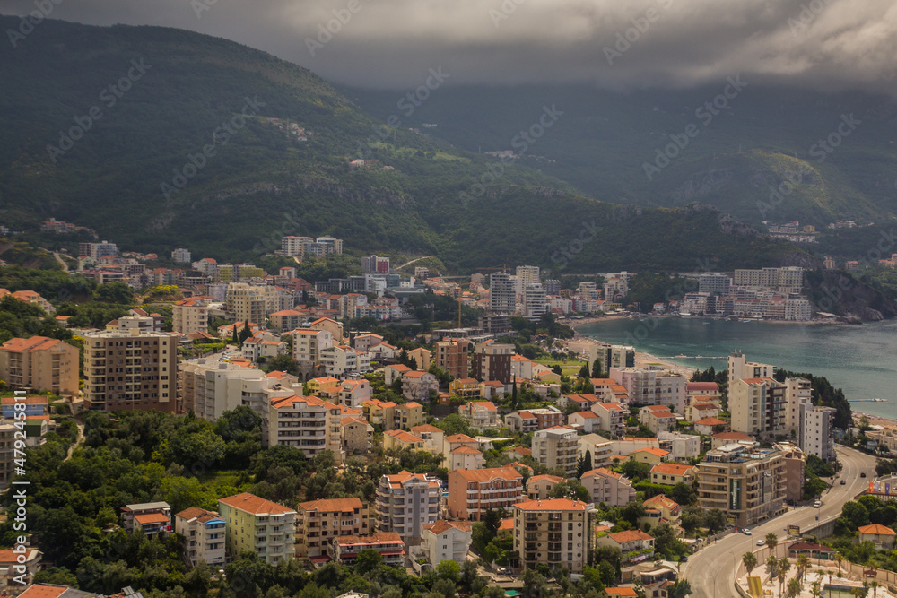 Aerial view of Becici and Rafailovici towns, Montenegro
