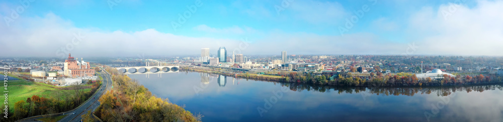 Aerial panorama scene of Springfield, Massachusetts, United States in early morning