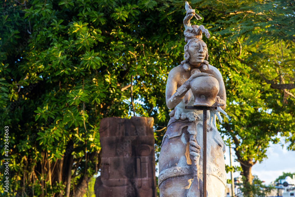 Ix chel aka Ixchel, statue of Mayan Jaguar Goddess on the tropical island of Cozumel, Mexico