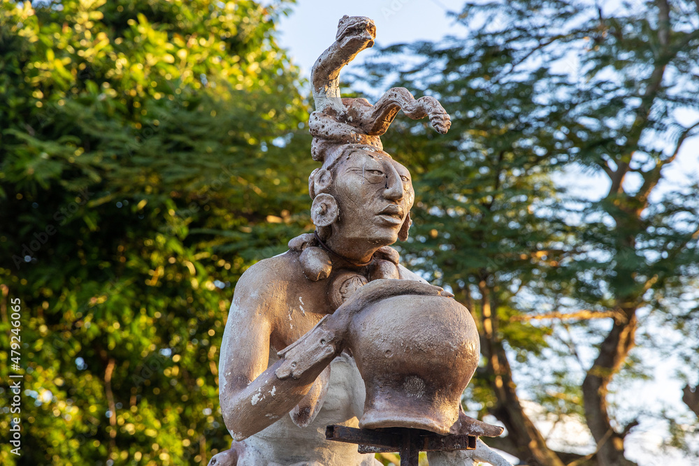 Ix chel aka Ixchel, statue of Mayan Jaguar Goddess on the tropical island of Cozumel, Mexico