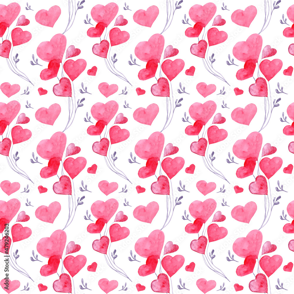 Watercolor seamless pattern with hearts on a white background. Valentine's day, love. Hand drawing