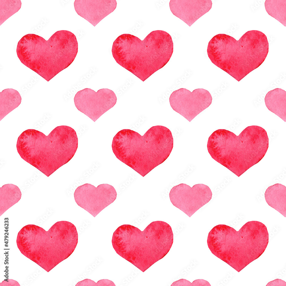 Watercolor seamless pattern with hearts on a white background. Valentine's day, love. Hand drawing
