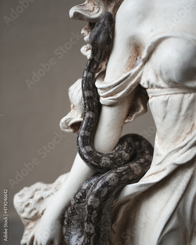 Boa snake standing on a marble statue