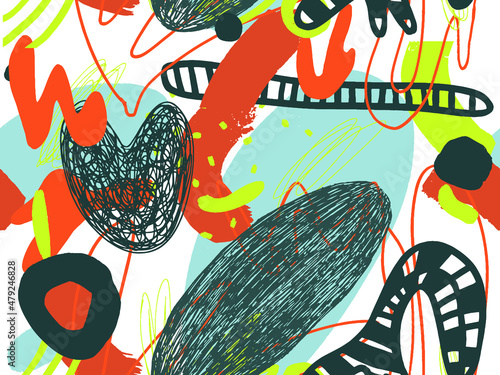 Seamless abstract doodle background pattern in bright summer positive colors. Hand-drawn abstract pattern with randomly arranged spots and dots and lines. Pencil and paint texture.