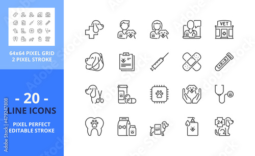 Line icons about dogs and vet. Pets. Pixel perfect 64x64 and editable stroke
