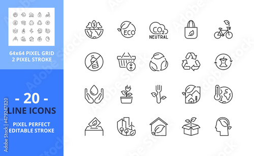 Line icons about eco lifestyle. Ecology concept. Pixel perfect 64x64 and editable stroke