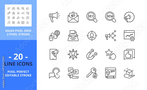 Line icons about marketing. Communication concept. Pixel perfect 64x64 and editable stroke