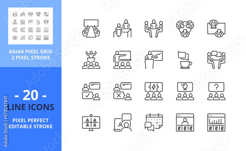Line icons about meeting. Business concept. Pixel perfect 64x64 and editable stroke