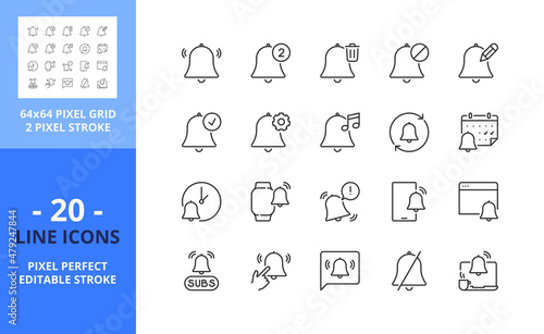 Line icons about notification. Interface elements. Pixel perfect 64x64 and editable stroke