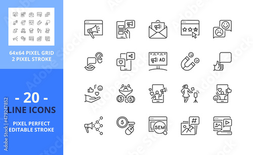 Line icons about social media marketing. Pixel perfect 64x64 and editable stroke