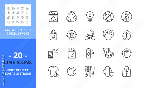 Line icons about zero waste. Ecology concept. Pixel perfect 64x64 and editable stroke