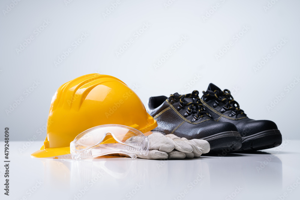 Construction Safety Equipment. Gloves, Eyewear - obrazy, fototapety, plakaty 
