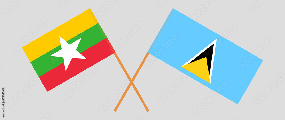 Crossed flags of Myanmar and Saint Lucia. Official colors. Correct proportion Crossed flags of Myanmar and Saint Lucia. Official colors. Correct proportion