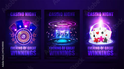 Casino night, set of invitation posters with neon casino elements. Posters with digital hologram of slot machine, Casino Roulette wheel, playing cards and poker chips