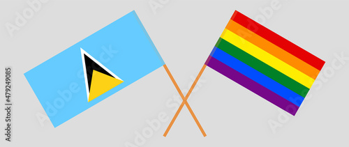 Crossed flags of Saint Lucia and LGBTQ. Official colors. Correct proportion