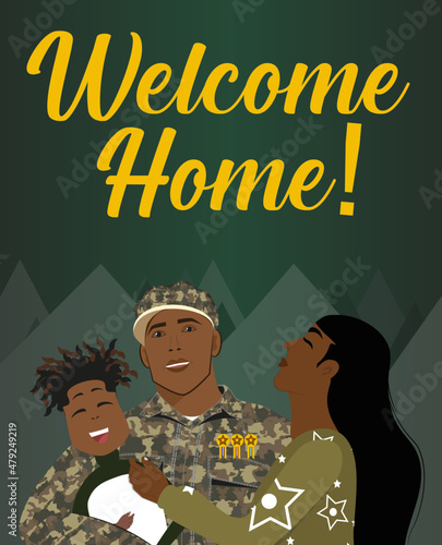 Soldado, militar volviendo a casa. Feliz esposo y padre abrazando a su esposa e hijo, ilustración vectorial. Retrato familiar. 