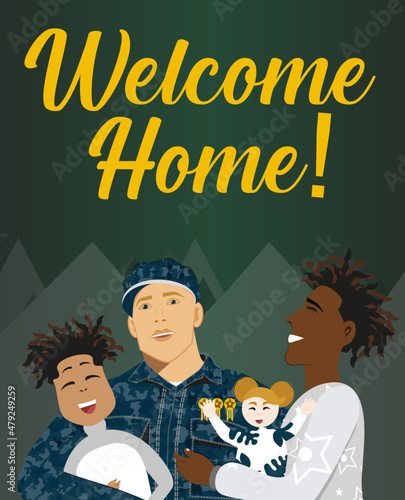 Soldado abrazando a sus familiares. Familia LGBT. Feliz esposo y padre abrazando a su esposo e hijos, ilustración vectorial