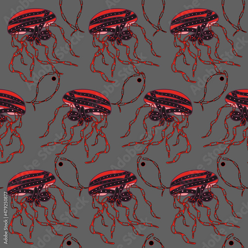 Vector EPS10 seamless pattern Belt and Chain Jelly Fish.  Deep sea predatory creature, the fossil species. A tattoo in a cybergoth or cyberpunk style. Red, black and gray colors. 