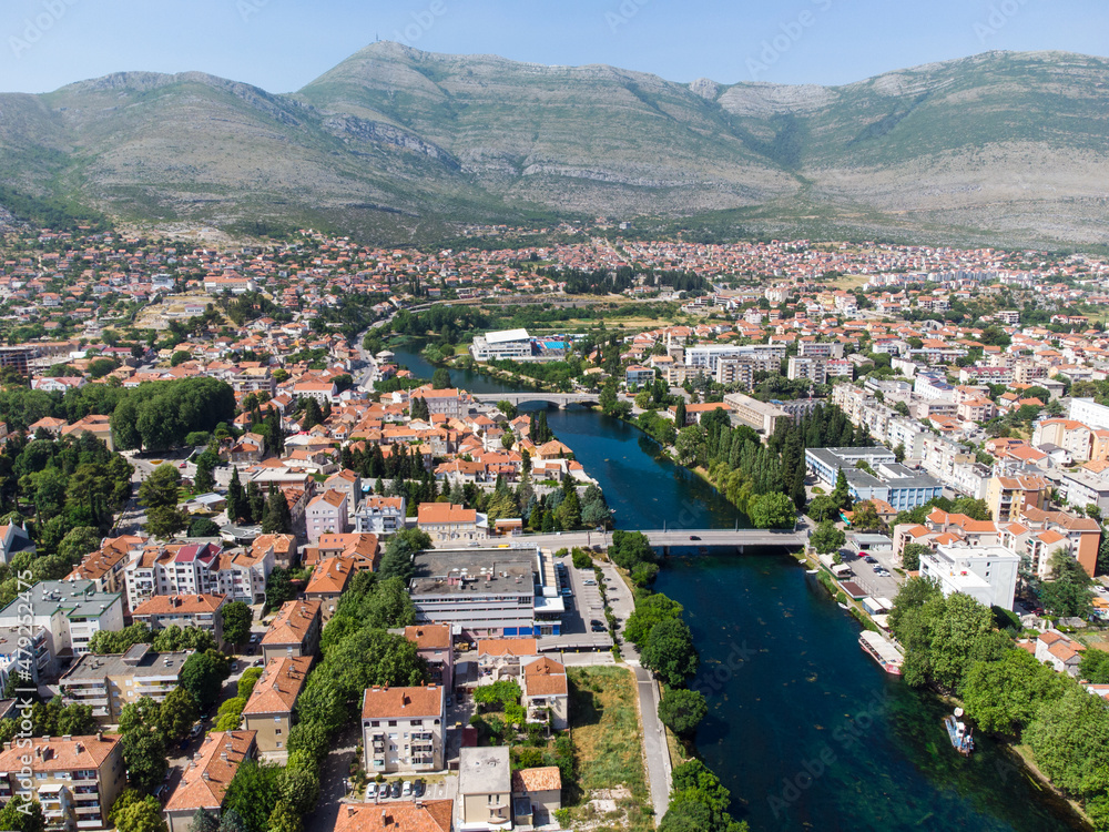 Old town in Trebinje, one of the most beautiful cities in Bosnia and Herzegovina, Europe. River Trebisnjica. Old town, aerial drone view.