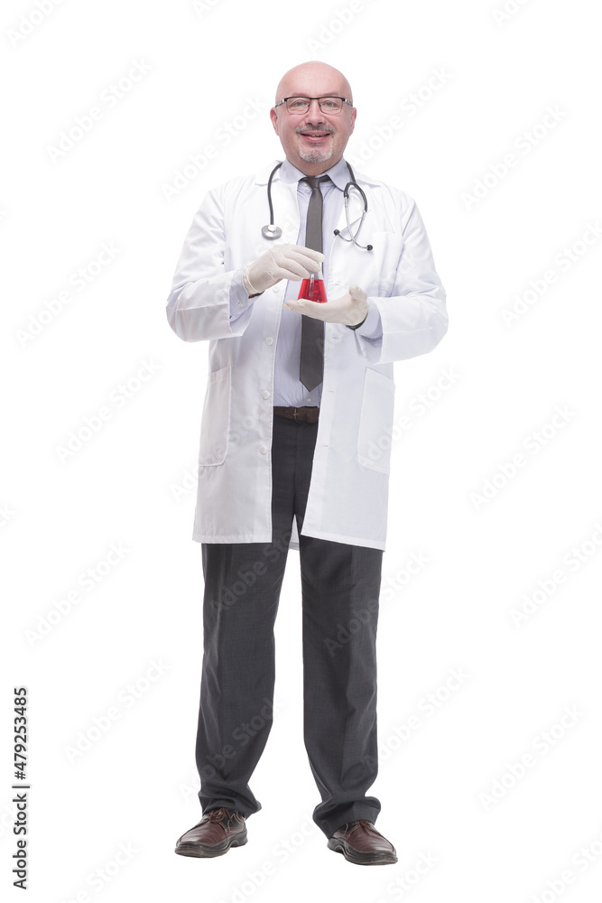 mature doctor with a laboratory flask. isolated on a white background. mature doctor with a laboratory flask. isolated on a white background.