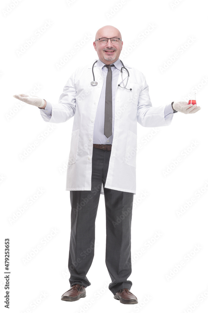mature doctor with a laboratory flask. isolated on a white background. mature doctor with a laboratory flask. isolated on a white background.