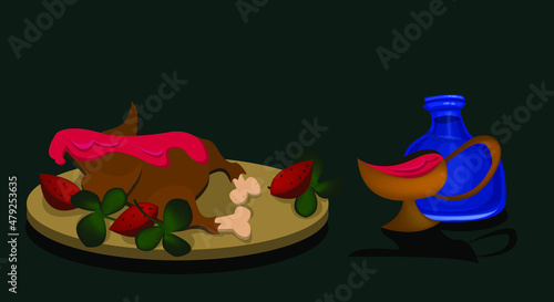 A grilled hen on a desk with tomatoes, a gravy boat filled by a pink sauce and a bottle of brandy. Vector illustration, isolated.