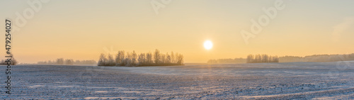 Winter landscape in snow nature with sun  field and trees. Magical winter sunset in a snow field.