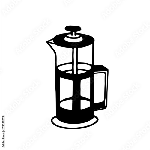 Graphic French press. Coffee maker doodle element for design